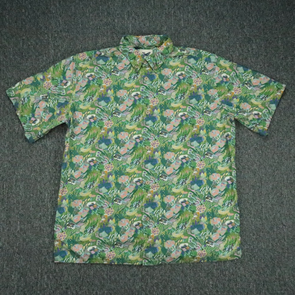 Yiume Shirt Mens Large Green Pink Hawaiian Floral Short Sleeve Button Up